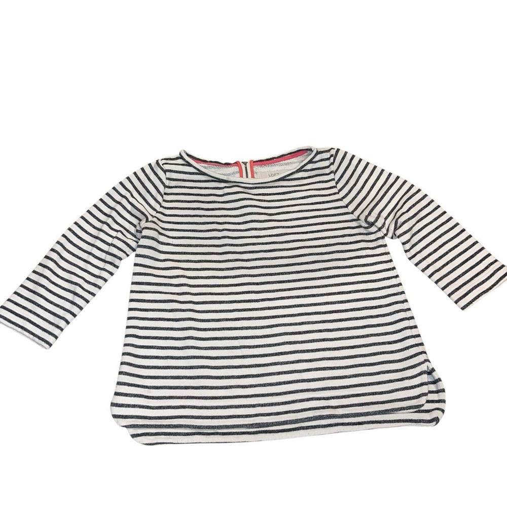 Loft Womens Top Boat Neck Cream & Gray Striped 3/4 Sleeve Zip Back Med Flaw READ